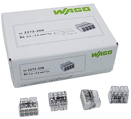 50 Stück Wago 2273-208 COMPACT-Verbindungsdosenklemme Ø 0,5-2,5 mm², 8-polig, transparent/lichtgrau