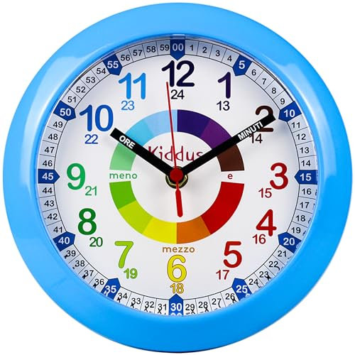 Kiddus Orologio da Parete Didattico per Bambini, Ragazzi. Analogico. Con Esercizi per Imparare a Leggere l’Ora. Movimento al Quarzo Silenzioso. ITALIANO BLU