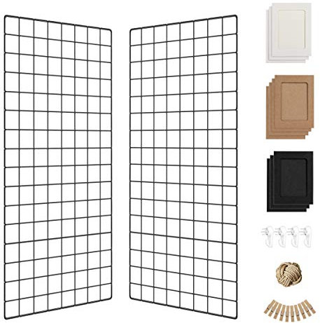 Wall Photo Grid Shelf, Wall Hanging Ins Art Display Grid Panel for Decor & Storage, Metal Wire Notice Boards & Memo Board, Mesh Tool Organiser, Wall Photo Frame 2 Pcs (Black, 15.7 x 31.5 inches)