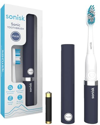 Sonisk Pulse | Battery Powered Electric Toothbrush | Portable Travel Size with Antimicrobial Sonic Technology | 1x Battery, 2X Brush Heads, 1x Travel Case Included (Matte Black)