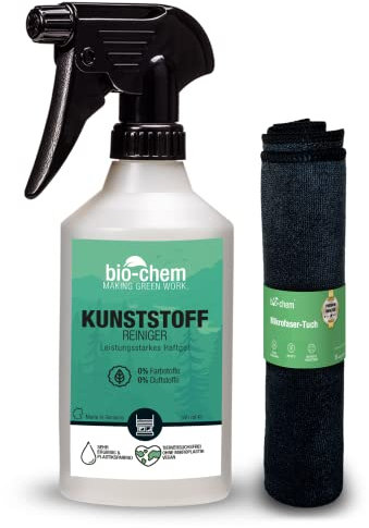 bio-chem Kunststoffreiniger 500 ml + Mikrofasertuch, PVC-Reiniger, Rauchgeruch-Entferner, Nikotin-Entferner, Kraftreiniger für Kunststoff-Fenster, Fenster-Rahmen, Heizkörper, Gartenmöbel, u.v.m.