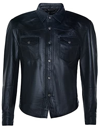 Infinity Leather Camicia Giacca da Uomo in Vera Pelle Nera Effetto Jeans Stile Camionista Slim Fit XS