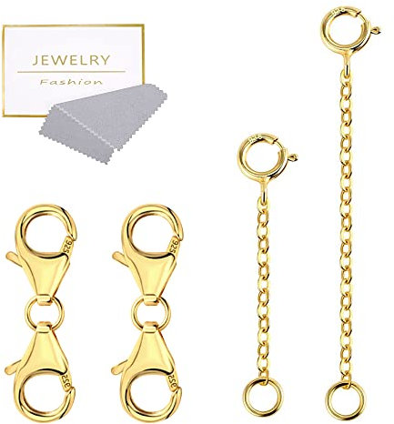 ALEXCRAFT 4 Stück 925 Sterling Silber Kettenverschluss, 14K Gold Kettenverlängerung Doppel Karabinerverschluss, Halskette Verlängerungs Ketten Armband Verschluss Damen