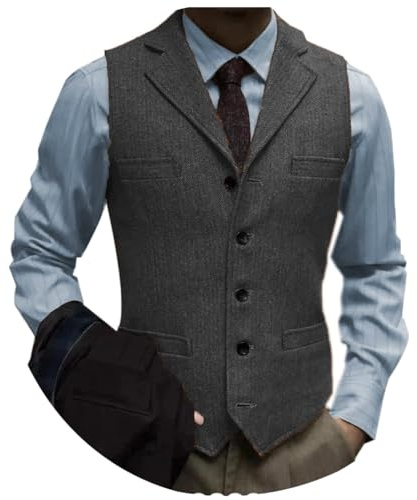 Tuikayoo Men's Tweed Suit Vintage Vest Herringbone Wool Prom Waistcoat Groomsmen(X-Large, Black)