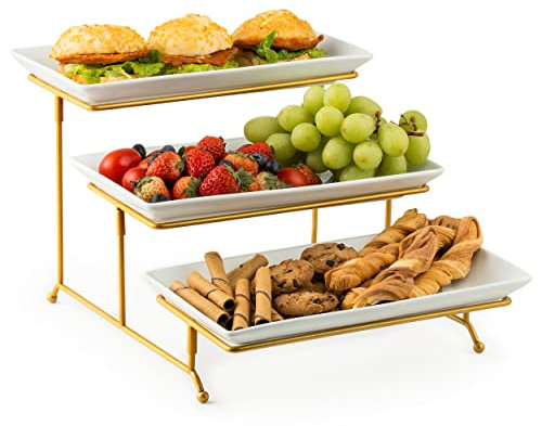YHOSSEUN 3 Tier Serving Tray with Serving Stand, Ceramic, 12 inch Gold