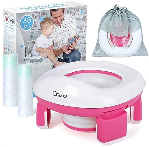 Orzbow Toilettensitz Kinder,Tragbare Töpfchen für Unterwegs mit Tasche,Faltbare Reisetöpfchen Kinder mit 40 Stück Töpfchenbeutel,Anti-Rutsch Töpfchen Training Sitze für Baby (Rosa)