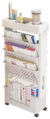 NUODWELL Mobile Bookshelf with Wheel, Large Capacity Magazine Rack Book Cart Removable Storage Organizer Kids Bookshelf, Multi Purpose Rolling Cart for Home School（White）