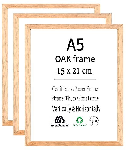 Weikani Lot de 3 cadres photo A5 - 15 x 21 cm - En bois de chêne - Avec verre plexiglas - Pour montage mural ou support de table