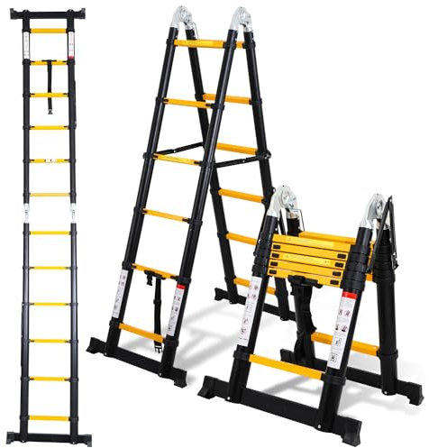 Randaco Échelle télescopique en Aluminium - 5 m (2,5 + 2,5) - Échelle Extensible - Antidérapante - Escabeau - Multifonctions - Charge maximale : 150 kg - Noir et Jaune