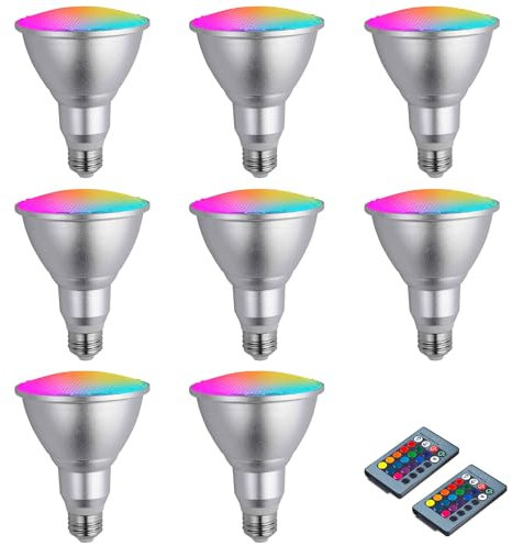 PAZWAHF PAR30 Flutlicht-Glühbirne, 20 Watt, LED/COB, dimmbar, RGB-Farbwechsel, Strahler-Glühbirne, mit Fernbedienung, 85–265 V Wechselstrom, IP65, E26/E27-Sockel (8 Stück)