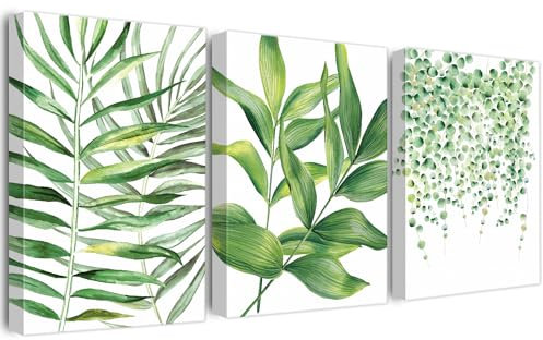 BINCUE 3 Stück Leinwand Bilder Pflanzen Wandbilder Grüne Pflanzen Bild Aquarell Grüne Blätter Bilder für Schlafzimmer Deko Modern Wandbild Set Wanddeko Wohnzimmer Sommer grün Anlage Wanddeko 30x40CM