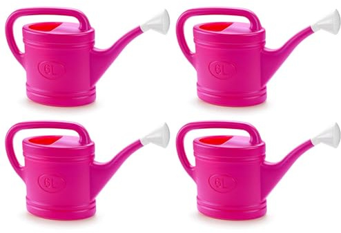 Tradineur Lot de 4 arrosoirs en plastique, capacité 6 litres, ustensiles de jardinage, arrosage, maison, balcon, terrasse, patio, couleur fuchsia