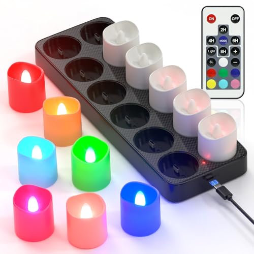 PChero RGB Bougie Chauffe Plat LED Rechargeable, 12pcs Fausse Bougies à LED Votives Flamme Vacillante Bougie Decorative Electrique avec Télécommande pour Deco Noel Anniversaire Maison Chambre Mariage