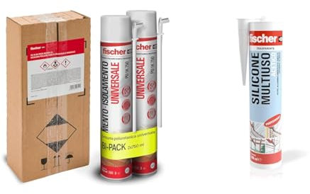 Fischer 2x 750ml Bi-Pack Schiuma Poliuretanica Espansa Isolante in Imballo Protettivo & Silicone Acetico Multiuso SAM 280 Trasparente, Sigillante Antimuffa per Vetro, Alluminio