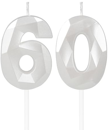 mciskin White 60th Birthday Candles, 3D Number 60 Candles for Cake, Women Men 60th Birthday Decorations,Pearl White Candle Cake Topper Decorations for Birthday Party Weddings Anniversary Supplies