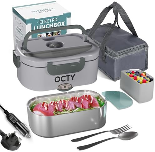 OCTY Electric Heated Lunch Box 1.5L Stainless Steel Food Warmer & Electric Lunchbox for Car (12V) Lorry (24V) & Home (230V) - Self Heating Hot Food Lunch Box for Work, Travel & Drivers White