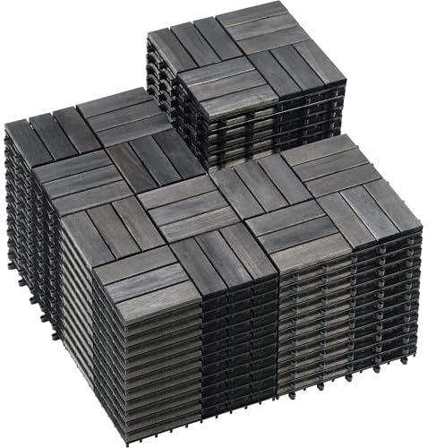 PrimeZone 54 PCS Solid Acacia Wood Interlocking Patio Deck Tiles - 12 x 12 Indoor Outdoor Waterproof Flooring for Balcony, Backyard & Poolside, All Weather Use, Black Espresso, Checker