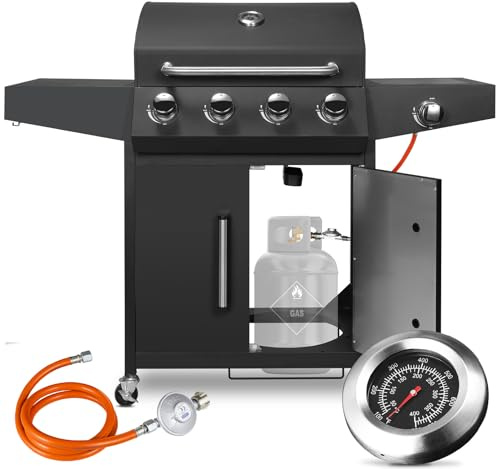 LIFERUN Gasgrill 4+1 Edelstahl Brenner,15 kw Gas Grillwagen BBQ mit Seitenkochfeld,Gasgriller mit Thermometer,4 PCS Bremse Rollen,DE I3B/P(50) Gasdruckregler,Standgrill Camping Garten(Butan/Propan)
