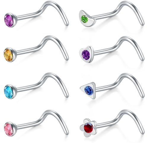 AVYRING Piercing da naso in argento per uomo e donna, in acciaio inox delicato sulla pelle, con CZ & Diamante 20G, Acciaio inossidabile