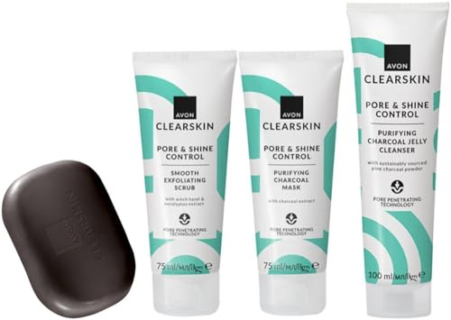 Clearskin Pores and Shine Control Set includes Exfoliating Scrub 75ml, Charcoal Jelly Cleanser 100ml, Charcoal Mask 75ml and Charcola Soap Bar.