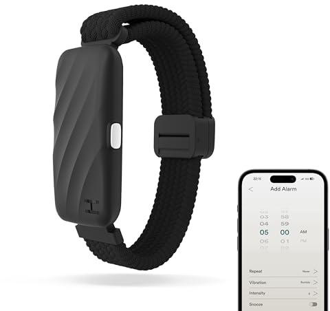 Homedics WakeBand Vibrating Alarm Wristband - Silent Alarm Clock Alternative with 9 Modes & Snooze Function, App Control, Gentle Vibration Wake Up Watch with Soft Fabric Band, Black