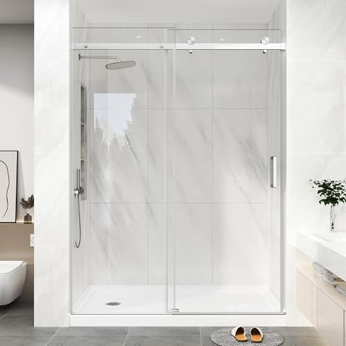 KPUY Frameless Shower Door, 55-60 W x 76 H Sliding Glass Shower Door, 1/4 (6mm) Thick Tempered Clear Glass with Explosion-Proof Film Nano Coating, Brushed Nickle