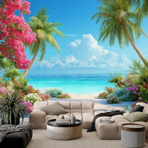 Papier peint panoramique tropical plage palmier, papier peint intissé photographie artistique pour chambre salon salle à manger décoration murale - Fond d'écran photo Moderne art mural 400L x 280H cm