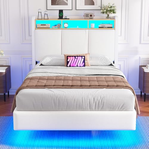 Brinlawb Lit Flottant 90×200 cm avec Multiprise (2 Prises, 1 USB-A, 1 USB-C) et Éclairage LED, Cadre de Lit 90x200 avec Sommier et Tête de Lit Rembourrée, Solide et Stable Lit 1 Personne, Lin Blanc