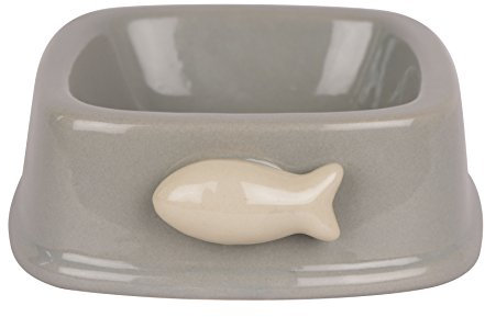 Banbury & Co Ceramic Cat Feeding Bowl, Dishwasher Safe Cat Bowl with Fish Design, grey