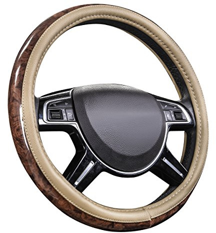 CAR PASS Wood Grain 14.5-15 inch Microfiber Leather Steering Wheel Cover, Anti-Slip Veins Design Steering Wheel Universal Fit for Most Cars, Sedans, SUV， Beige