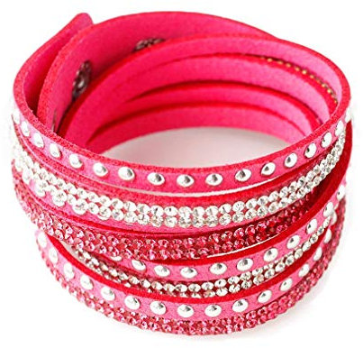 YAZILIND Leder Wickelarmbänder Strass und Muti-Color Perlen Stulpearmband, Charm Multilayer Armband Damen Schmuck Rose Red