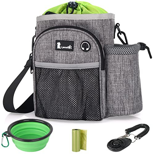 pecute Leckerlibeutel für Hunde mit viel Stauraum, Futterbeutel Hundetraining, wasserdichte Leckerlietasche für Hunde, Robuste Gassi Tasche Hund, Hundeleckerli Beutel mit Kotbeutelspender Grau