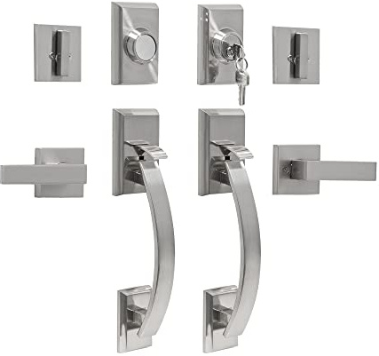 NeuType Double Door Lock Set Door Handle Sets Entry Door Locksets with Deadbolt Single Cylinder HandleSet with Circle Handle Lower Half Grip, Silver
