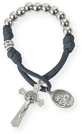 Nazareth Store Olive Military One Decade Paracord Rosenkranz Silberperlen Taschenauto Rosenkranz Beten Sie für uns St. Joseph Medaille und St. Benedikt Kreuz (Blau Paracord Rosenkranz)
