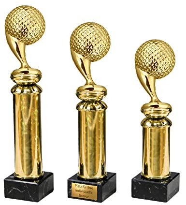 eberin – Golf Pokal mit Gravur/Wunschtext – in 3 Größen – Trophäe Award – Golfsport Preis – Gold Golfball auf Marmor