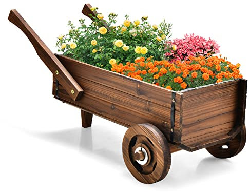 COSTWAY Blumenwagen Holz, Pflanzwagen mit Rädern und Griffen, Blumenkarre mit Abflussloch, Pflanztopf Bollerwagen, Schubkarre Gartendeko, Rustikaler Pflanzkarre für Garten Terrasse, Braun