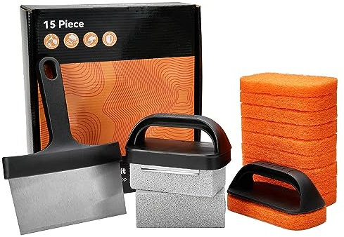 Griddle Cleaning Kit for Blackstone, 15-Pieces Flat Top Grill Accessories Cleaner Tool Set - Scraper, Cleaning Brick, Scouring Pads, and Cleaning Handles, Easy Cleaning on Hot or Cold Surfaces
