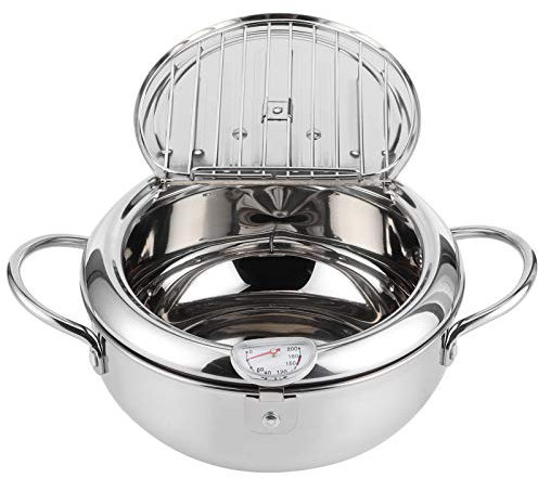 Wifehelper Friteuse Tempura Japonaise Petite Friteuse en Acier Inoxydable avec Couvercle Thermomètre et égouttoir à Goutte D'huile pour Frites (Grande Taille 24cm)