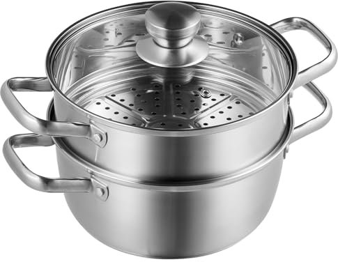 VEVOR Olla Vaporera de Acero Inoxidable 24 cm con Olla de 4,73 L y Cesta de Vapor Vaporera para Alimentos con Tapa de Vidrio 1 Nivel con 1 Par de Guantes Aislantes para Cocinar al Vapor en Cocina