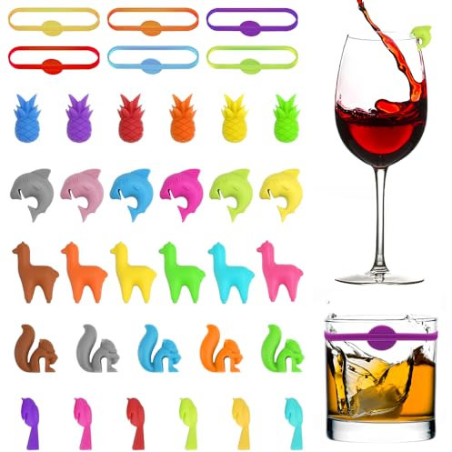 SLTAXAR 41 Pezzi Segnabicchieri Silicone Marcatori per Bicchieri da Vino Segna Bicchieri Calici Marcatori di Bevande Segno Bicchieri Acqua Identificatore del Bicchiere di Vino Colorati Riutilizzabili