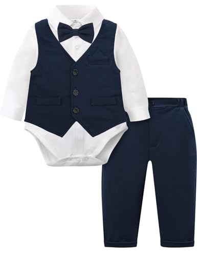 mintgreen Babypojke kostym, 3 st set bröllop gentleman kläder jumpsuit väst + byxor, Mörk marin, 12-18 M�nader