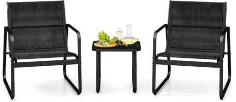 GIANTEX Juego de Muebles de Jardín 3 Piezas, Muebles de Balcón para 2 Personas, 2 Sillas de Tela Transpirable, Mesa de Café con Tablero de Vidrio Templado, para Jardín, Terraza (Negro)
