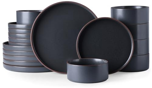 LeRatio Juego de vajilla para 6 personas, 18 piezas, juego de vajilla de cerámica resistente a los arañazos, juego de cuencos y platos (borde gris antracita y marrón con motas, juego de 18 piezas)