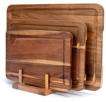 Set di 3 Taglieri in Legno di Acacia con Scanalatura per Succo, Supporto e Coltello da Frutta in Omaggio, Tagliere Doppio Lato per Carne, Verdure e Formaggio.