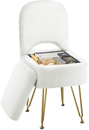 GREENSTELL Small Vanity Stool Chair with Storage and Folding Back, 13.4 x 15 x 30 Square Faux Fur Soft Ottoman, 4 Metal Legs with Anti-Slip Feet, Furry Padded Seat for Makeup, Bedroom, White