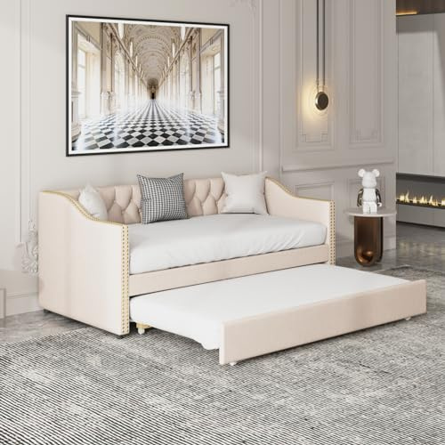 BRILVERDE Divano Letto Imbottito 90x200 cm,con Contenitore,Rete a doghe,Divano Letto Estraibile,Letto Funzionale,Letto per Ragazzi,Lino,Beige