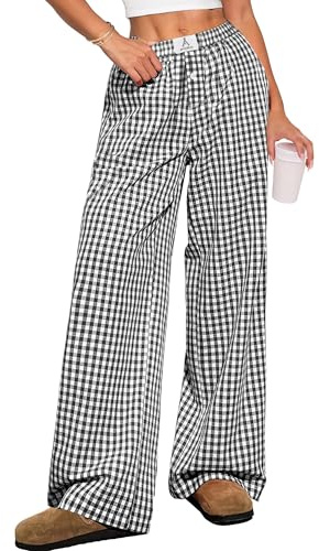 ANRABESS Women's Gingham Pants - Casual Lounge Pajama Bottoms for Home Sleep Resort Wear Black White Plaid Large