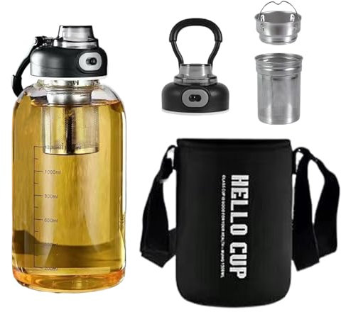 Trinkflasche Glas Flasche Mit Teesieb,Tragbarkeit 1.5Liter Trinkflasche Mit Schutzhülle Auslaufsicher,Einzigartiges Loc-Cap-Design,Wiederverwendbar Glasflasche(2 Drinking Ways) für Wasser Getränken