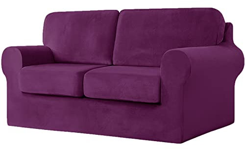 5 Piece Purple Stretch Velvet Loveseat Cover Anti Slip Sofa Slipcovers for 2 Seater Couch with Separate Backrest & Cushion Covers Elastic Band Furniture Protector