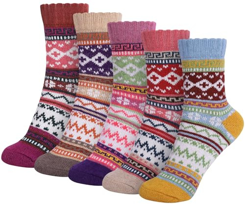 Riqiaqia 5 par vinterstrumpor dam merinoull termiska strumpor vintage vinter varma strumpor bomull kvinnor för vandring, vandring, sport, Blandad färg 3, 36-42 EU